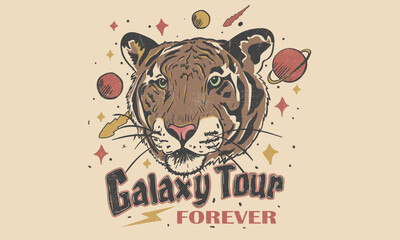 Wall Mural - Tiger galaxy tour. Animal rock and roll vector design.  Space wild cat vintage artwork. 