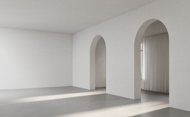 3d render empty white room with entrance arch door, design and concrete floor, interior background a