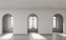 White Empty Corridor With Arches For Entrance, In The Background Windows With Sheer Curtains, Perspective Of Minimal Design. Light And Shadow On The Floor	