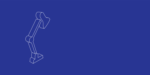 Poster - The outline of a large table lamp symbol made of white lines on the left. 3D view of the object in perspective. Vector illustration on indigo background