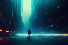 Futuristic Cyberpunk City. Raining Cyber-punk Digital Artwork. Silhouette Of A Man Walking In The Distance. Fog, Atmospheric Colorful Neo Noir Mega City. Tall Buildings. Abstract Modern Technology Art