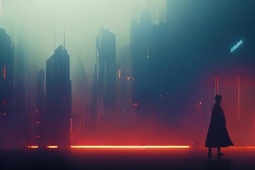 Futuristic cyberpunk city. Raining cyber-punk digital artwork. Silhouette of a man walking in the distance. Fog, atmospheric colorful neo noir mega city. Tall buildings. Abstract modern technology art