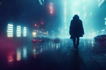 futuristic, neo noir, cyberpunk man walking in a rainy city. neon lights, dark, sombre cyber-punk vi