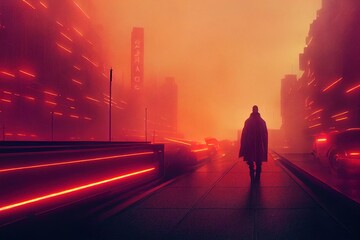Wall Mural - futuristic, neo noir, cyberpunk man walking in a rainy city. neon lights, dark, sombre cyber-punk vi