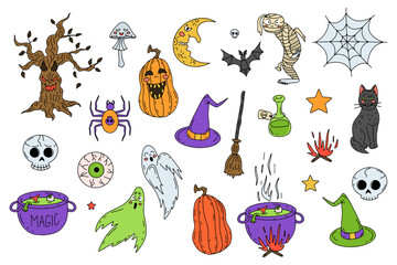 Wall Mural - Hand drawn line art sute Halloween illustrations set