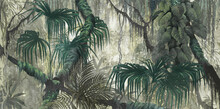 Tropical Plants And Trees On A Textural Background Photo Wallpaper In The Interior