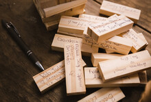 Reception Jenga Game Pieces For Guests To Sign At A Wedding
