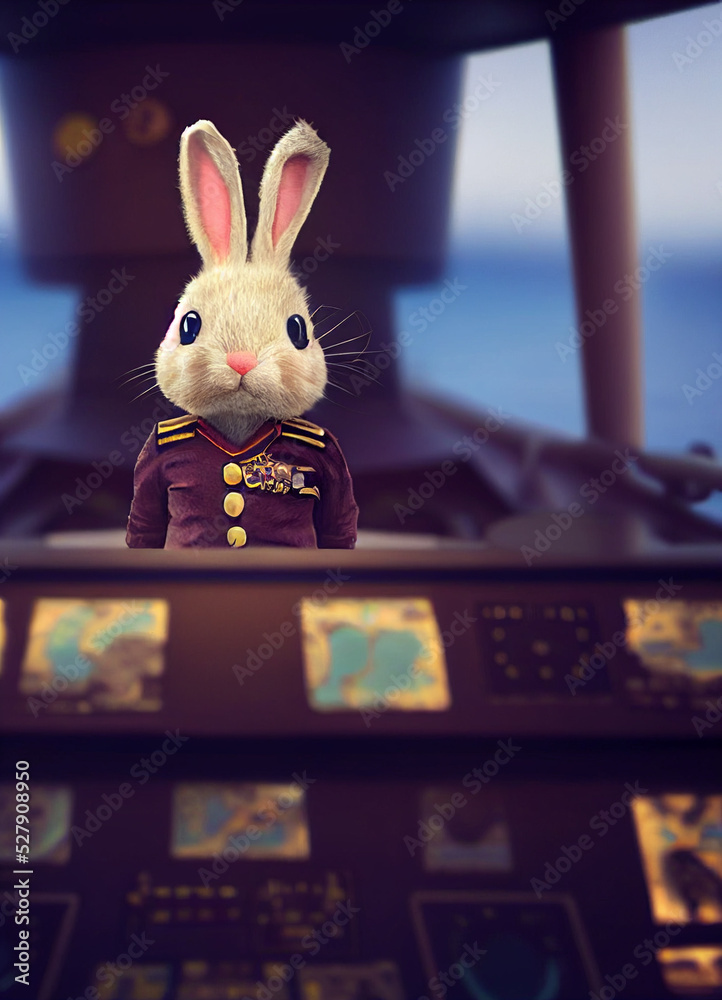 a cute fluffy rabbit in a captain's cap and a naval uniform is in ...