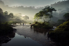 Amazonas Rainforest, Tropical River With Steam, Jungle Landscape With Sunrise. Digital Illustration