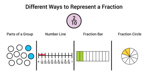 Wall Mural - Different ways to represent a fraction in mathematics. Parts of group, number line, fraction bar and fraction circle of two tenths