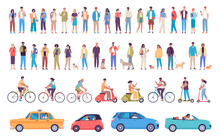 Different Modern Young People, Women, Men Standing Together, Walking With Their Dogs, Cats, Parrots, Pets, Riding Bikes, Scooters And Cars. People Characters Vector Illustration Set