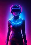 Fototapeta Na ścianę - Realistic portrait of a sci-fi neon cyberpunk girl in a cyber suit. High-tech futuristic man from the future. The concept of virtual reality and cyberpunk. 3D render.