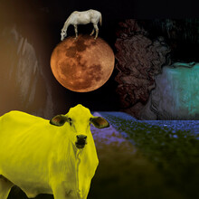 Moon Horse Into The Yellow Cow Parallel World. Beautiful Collage Art Featuring A Psychedelic Yellow Cow World Where A White Horse Walks Over The Red Moon. Unique And Creative Collage Artwork