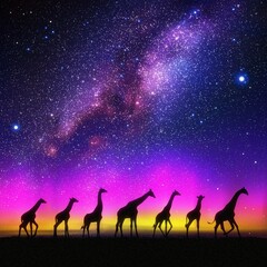 Sticker - Giraffe family in savannah. Animal silhouette. Purple aurora borealis.