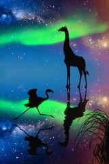 Sticker - Giraffe, flamingo in savannah. Animal wildlife. Green aurora borealis.