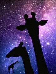 Sticker - Giraffe heads. Funny animal silhouette. Milky Way at night starry sky