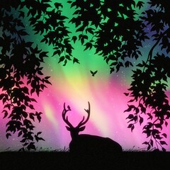 Sticker - Lying deer framed by leaves. Animal silhouette. Bright aurora borealis