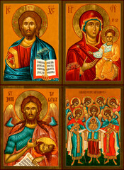 Collection of traditional orthodox icons depicting Jesus, Virgin Mary and Jesus, Saint John the Baptist, and the Synaxis of the Holy Archangels painted in the Byzantine style.