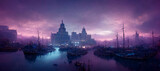 Fototapeta Londyn - ancient port Fantasy City Overlooking in a glowing Sea Digital Art Illustration Painting Hyper Realistic