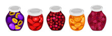 Vector Collection Of Various Jams, Plum, Strawberry, Cherry, Apricot And Raspberry, In Glass Jars.
