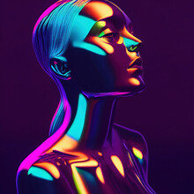 3d Illustration Of Woman Profile Silhouette, Futuristic, Artificial Mind Concept, Science Fiction, Glossy Neon Reflections