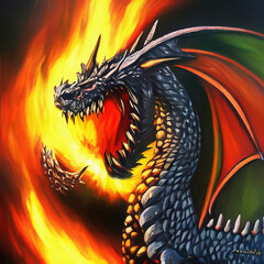 Wall Mural - Fantasy evil dragon portrait. Surreal artwork of danger dragon from medieval mythology. Oil painting art