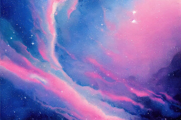 abstract watercolor style background, purple sky with clouds and space elements, shining and dreamy,