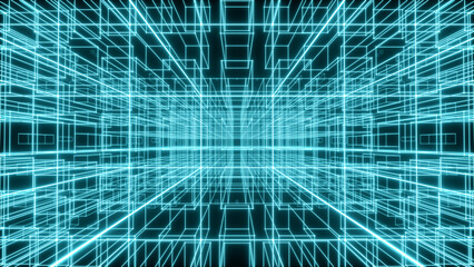 Wall Mural - blue neon glowing cubes (3d rendering)