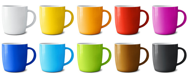 Set of ceramic mugs painted in different colors isolated on an empty background