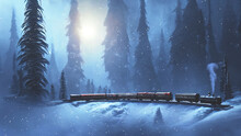 Fantasy Winter Forest With A Train. They Ate In The Snow, A Fabulous Train Rides On Rails, Smoke, Spotlights, A Magical Winter Forest At Night. 3D Illustration.