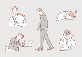 Wall Mural - man sitting at the table in front of laptop, sleepy, tired, overworked or lazy to work. hand drawn s