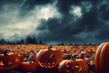 Jack-o'-lantern Smiling, Pumpkins Sitting In The Leaves, Halloween Autumn Fall Night