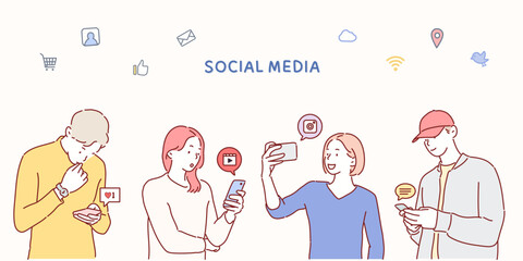 millennials using social media with icons. hand drawn style vector design illustrations.