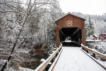 Historic Wooden Covered Bridge in Snow, McKee Bridge, Applegate Valley, Southern Oregon, Pacific Northwest, United States