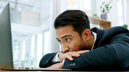 Aufkleber - Tired, frustrated and bored businessman working on a laptop and checking his phone in an office. Professional manager reading company staff documents on a computer at his corporate job.