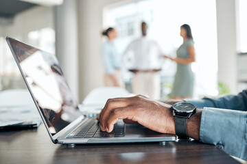 Canvas Print - Hands typing, research and working business man on a work laptop busy with marketing data. Online planning, digital web search and internet browsing black male marketer writing email indoors on tech.