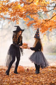 Portrait of mother and daughter in witch costumes in autumn forest