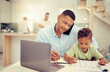 © David L/peopleimages.com - Remote, business man and parent multitasking with child at home, talking on phone call and help with homework. Productive single father online project management while discuss strategy and balance