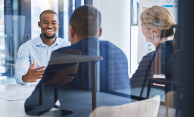 Aufkleber - Business people talking in interview with employee, meeting for corporate partnership and happy with collaboration deal in work office. Team of professional staff in discussion about strategy