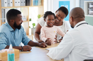 Canvas Print - Black family, girl and consulting doctor in hospital, healthcare and medical room with mother, father and kids. Smile, happy and trust with pediatrician employee, worker and children medicine support