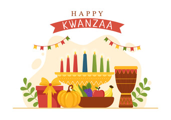 Happy Kwanzaa Holiday African Template Hand Drawn Cartoon Flat Illustration with Order of Name of 7 principles in Candles Symbols Design