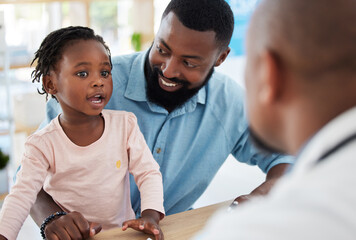 Wall Mural - Kids doctor, black family and consulting hospital worker in medical, insurance or healthcare help. Girl, happy father and pediatric employee in conversation or communication in children wellness room