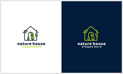 Wall Mural - line art nature house, home with leaf concept logo design template