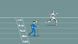 © kora_sun - AI vs human battle concept. Businessman and robot run on racetrack. A faster robot leads a man saline medical drip bag. Business competition, contest, career position in digital age cyber technology.