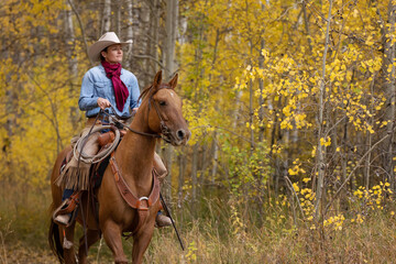 Wall Mural - Cowgirl riding in Aspens and Cottonwoods