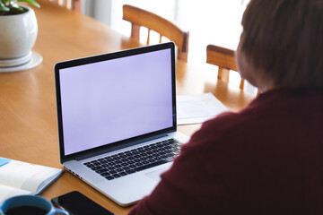 Senior woman with laptop during online doctor consultation at home, copy space