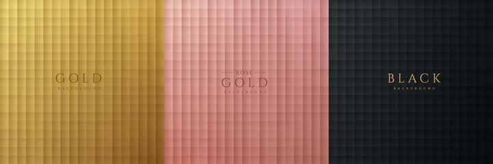 Wall Mural - Set of abstract gradient geometric square pattern with shadow on golden, pink gold and black background. Luxury texture banner design. Can use for ad, poster, template, cover. Vector illustration.
