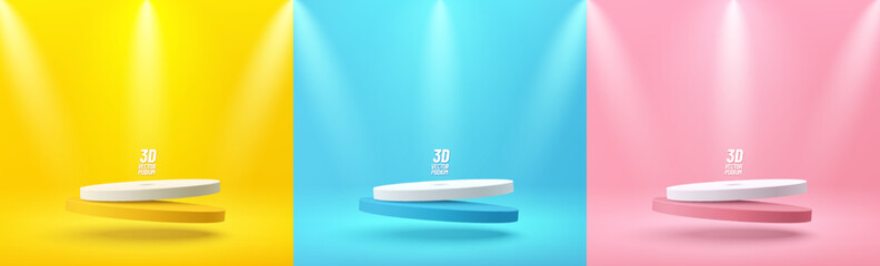 Wall Mural - Set of yellow, blue, pink, white realistic 3d cylinder pedestal podium floating on air with spot lights. Abstract vector rendering geometric form. Minimal scene. Stage showcase, Mockup product display