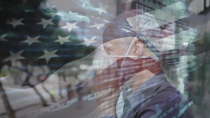 Poster - Animation of flag of usa waving over caucasian man wearing face mask in city street