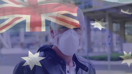 Poster - Animation of flag of australia waving over caucasian man wearing face mask in city street